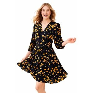 Cabi Debut Wrap Dress Fiesta Floral Black Mesh 3/4 Sleeve Tie Waist Size Small